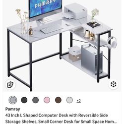 43 Inch L Shaped Computer Desk with Reversible Side Storage Shelves