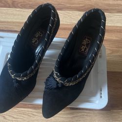 Peter Fox Black Suede Leather Vintage Women’s Pumps Size 8 With Gold Trim