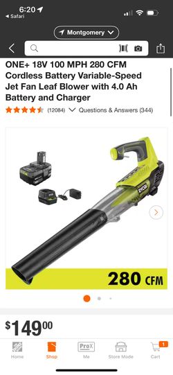 RYOBI ONE+ 18V 100 MPH 280 CFM Cordless Battery Variable-Speed Jet Fan Leaf Blower with Battery and Charger