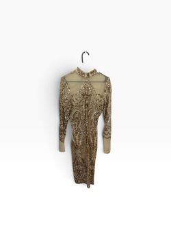 Gold/Beige Sequin Mesh Sheer Sheath High Neck Long Sleeve Knee Dress S
