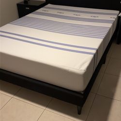 Queen size Forman tufted upholstered low profile platform bed with Vibe medium memory foam mattress included