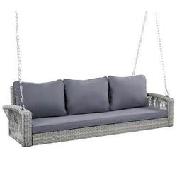 New Assembled 3-Person PE Rattan Porch Swing with Cushions & Chains 69" Outdoor Patio Hanging Swing