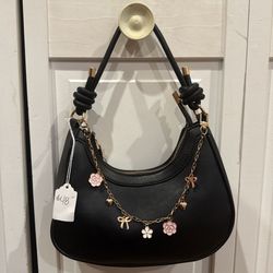 Black Leather Shoulder Bag With Charms