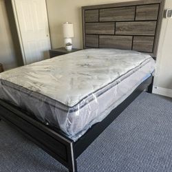 Brand New Gray King Bedframe + 12" Thick Innerspring Pillowtop Mattress + Split Box Spring
