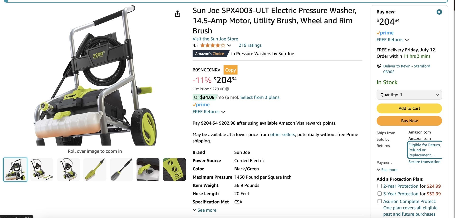 Sun Joe SPX4003-ULT Electric Pressure Washer, 14.5-Amp Motor, Utility Brush, Wheel and Rim Brush