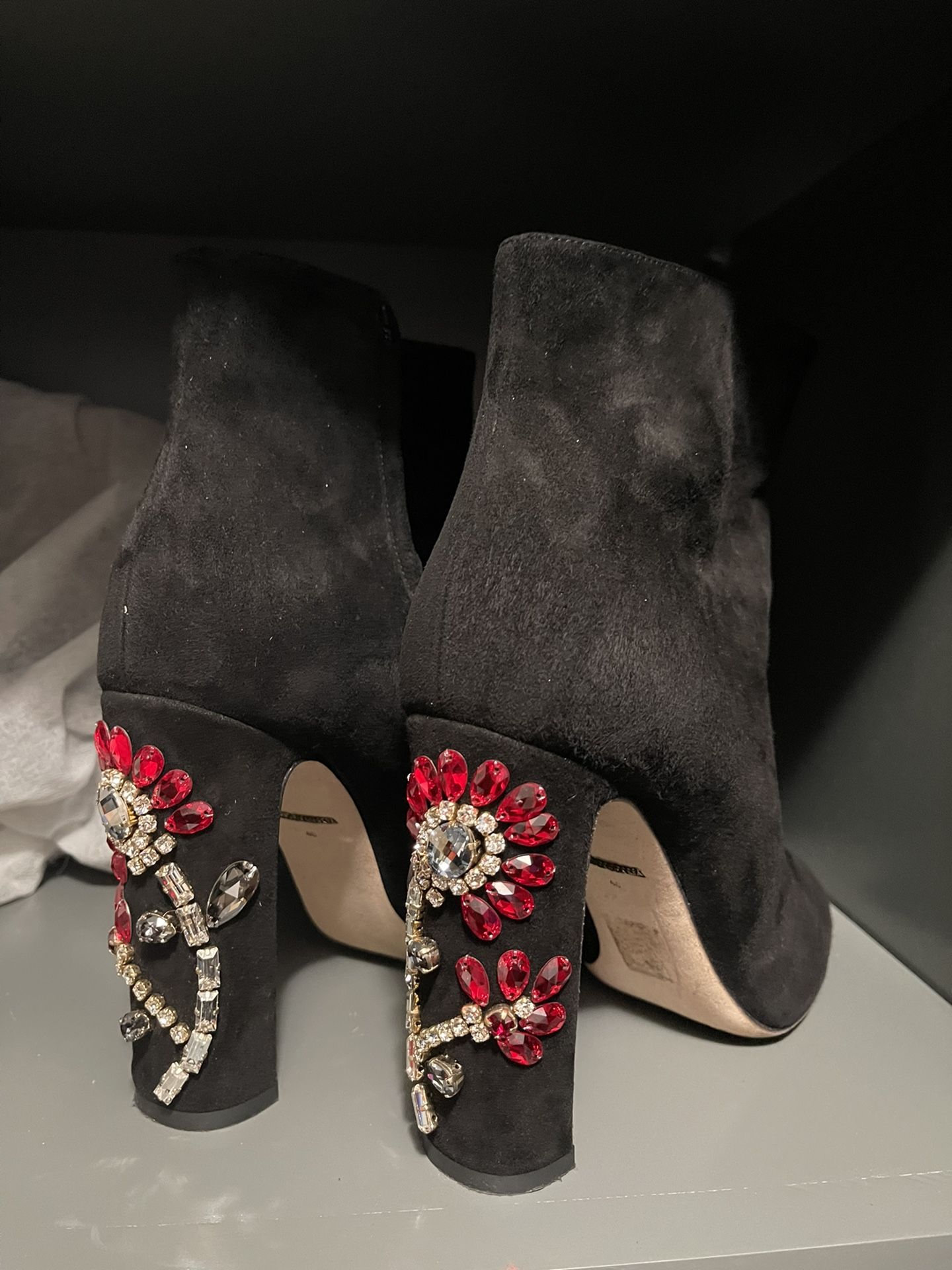 DOLCE & GABBANA Shoes Black Suede Crystal Flower Booties EU40/ USA 10