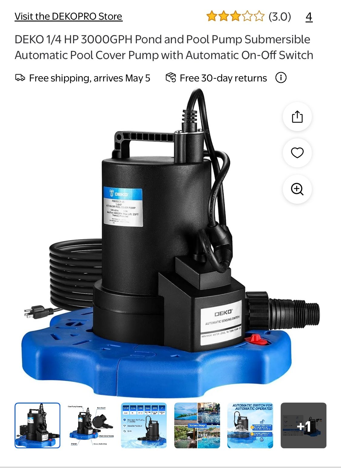 Dekopro New 1/4HP submergible sump pump W auto on/off switch