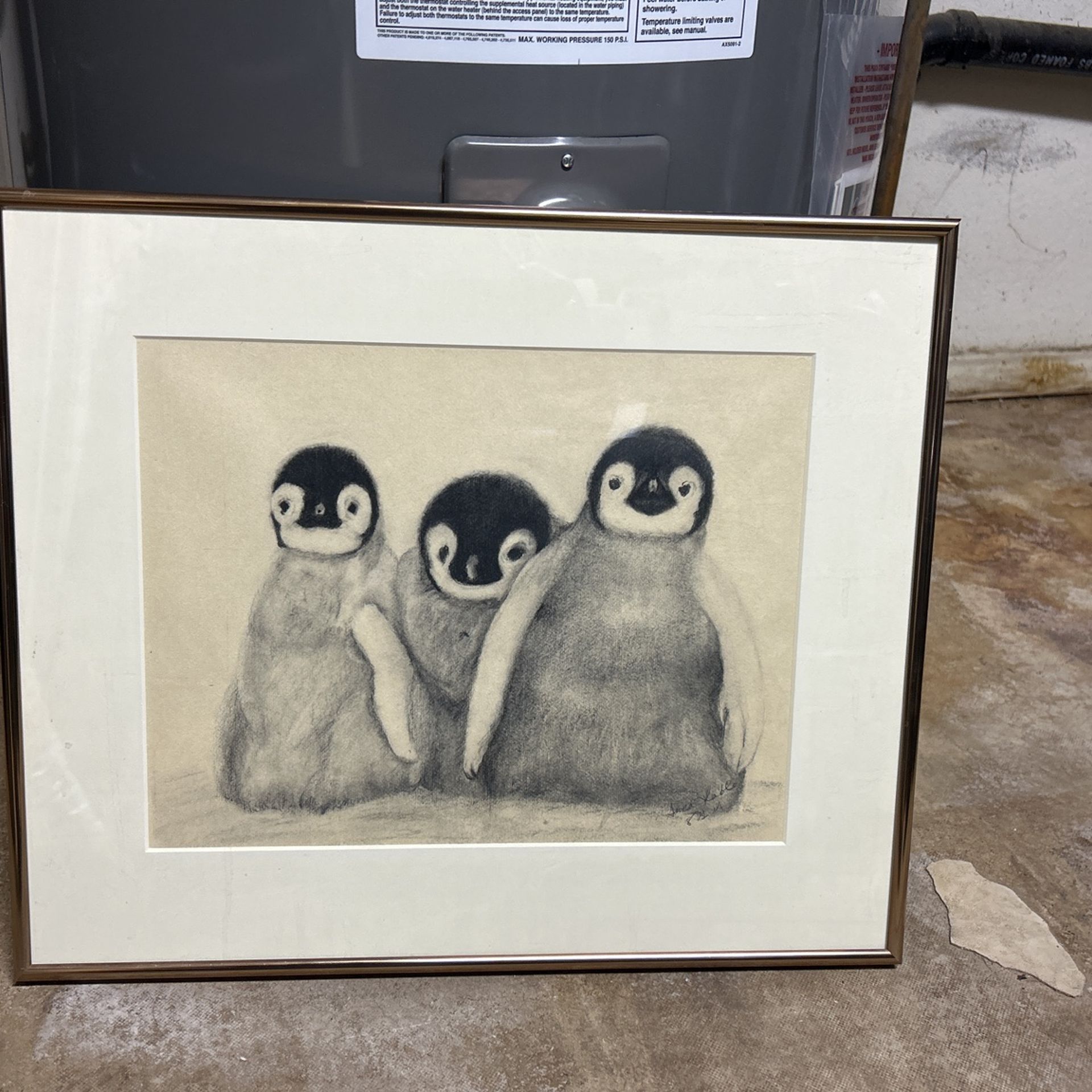 Signed, Framed, Penguin Pencil Drawing