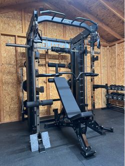 Smith Machine, Pulley System, Power Rack, Rubber Weights, Dumbbells