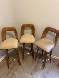 Set of 3 Wood Bar Stools with Upholstered Seats