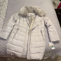 Michael Kors Aluminum Long Puffer Coat Faux Fur Collar Women’s Size L NWT