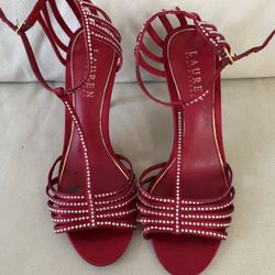 LAUREN Ralph Lauren Red Crystal-Trim Strappy satin, Heels, dance shoes, size 7