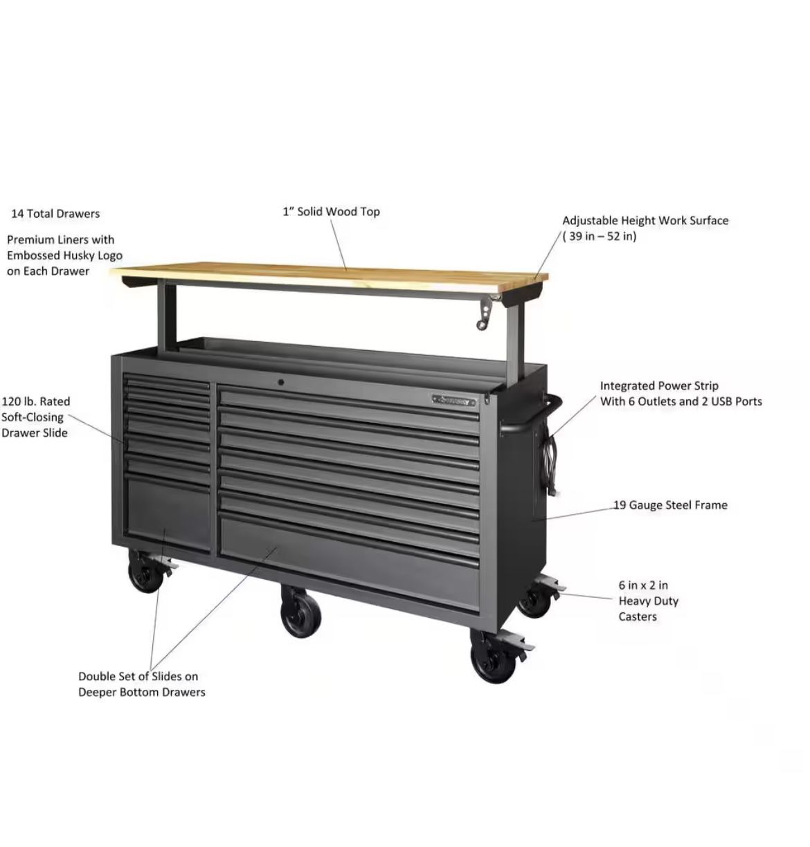 Tool Storage 62 in. W Heavy Duty Matte Black Mobile Workbench Cabinet with Adjustable Height Wood Top Retail price $1300 Your price $1100
