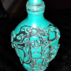 Collectable Rare Oriental Vintage Carved Longevity Old Man Shou Star Blue Snuff Bottle 