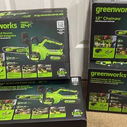 Greenworks 24V 12-inch Brushless Chainsaw kit, which includes a 4.0 Ah battery and a 2 Amp charge