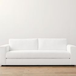 Pottery Barn Carmel Square Arm Upholstered Sofa 86.5" With Bench Cushion, Down Blend Wrapped Cushions, Sunbrella® Performance Slub Tweed White