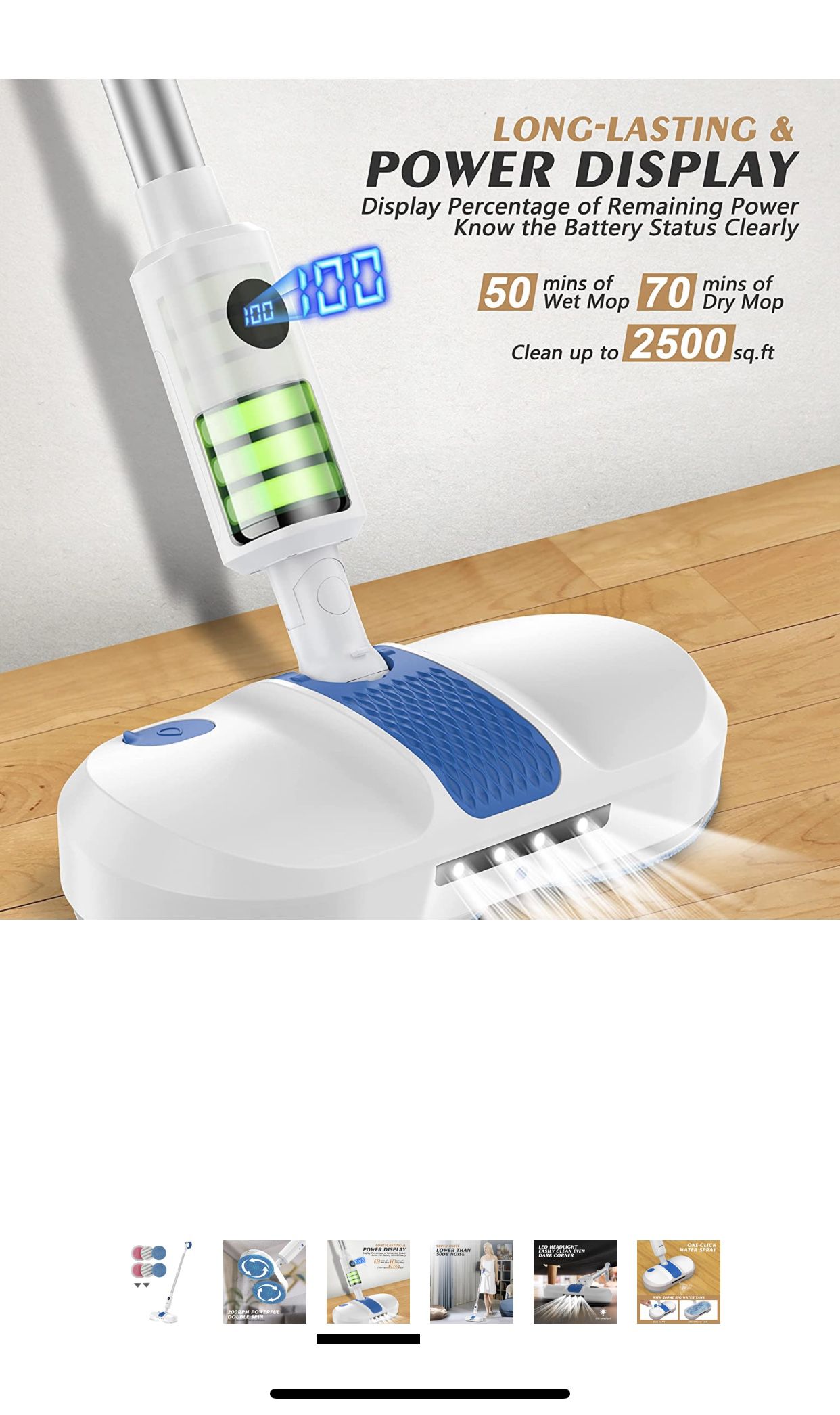 Electric Mop, Cordless Spin Mop for Floor Cleaning, AlfaBot S1 Cordless Mop with Water Sprayer and LED Headlight, Super Quite & Rechargeable Floor