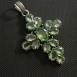 Peridot Sterling Silver 3” Cross Gemstone Pendant