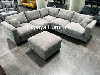 New! Light Grey Sectional Sofa And Ottoman, Sectionals, Sofa, Couch, Plush Sectional, High Back Couch, Sofas, Grey Sectional, Grey Sofa, Grey Couch