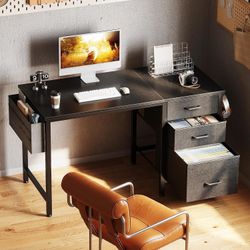 40-Inch Small Computer Desk with Fabric Drawers & File Cabinet, Home Office Desk with Cloth Storage Bag and Hook, Writing Study Work Table 