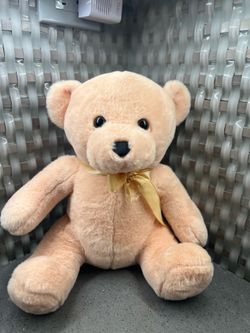 Plush Peach Teddy Bear with Yellow Ribbon - Soft Kids Toy