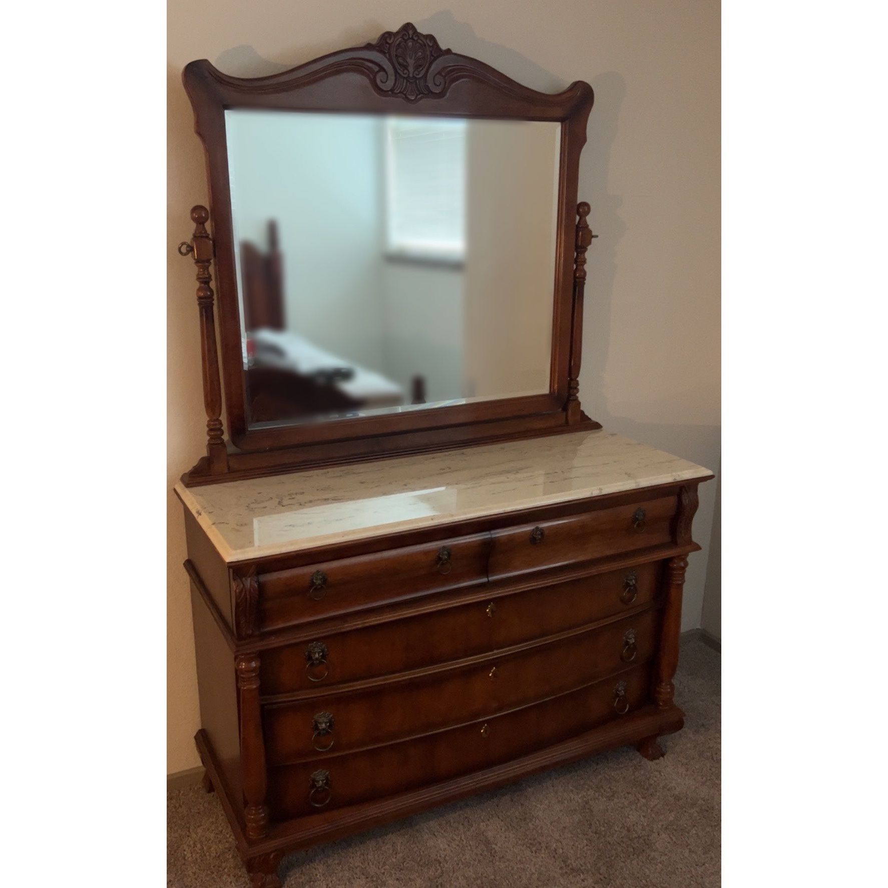Wood Dresser And Mirror Set With Marble Top 