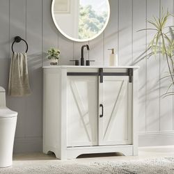 30 Inch Bathroom Vanity with Sink Combo, Farmhouse Bathroom Vanities with Sliding Barn Door & Metal Handle, Freestanding Single Sink Cabinet with Adju