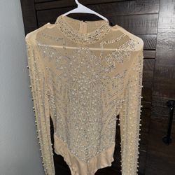 Women Rhinestone Nude Bodysuit M