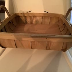 Vintage Farmhouse Handmade Basket With Leather Handles 11” X11”  Wide And 3” Tall  Could Be Stained Or Painted 