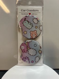 Handmade Cute Pastel Cat & Bear Car Coasters (Set of 2)