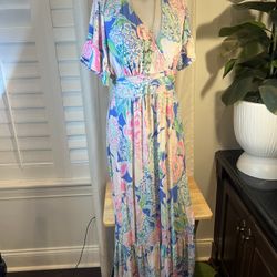 Lilly Pulitzer Pink and Blue Flutter Sleeve Maxi Sundress bottom layer ruffle