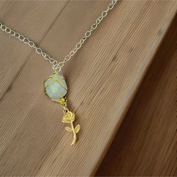 Handmade wire wrap genuine moonstone necklace 14K plated chain and rose charm