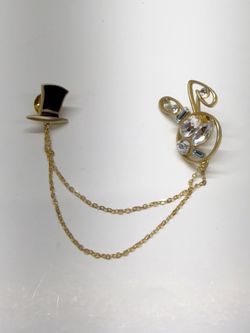 Gold Tone Crystal Rabbit Head Black Enamel Top Hat Double Chain Brooch Pin