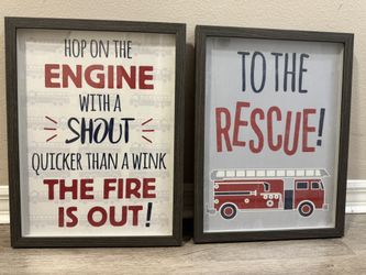 Kids Fire truck Art- Wood Frame And Glass Front
