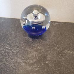 Vtg. Blue Base, Clear, Drop Splash, Art Glass, Paperweight