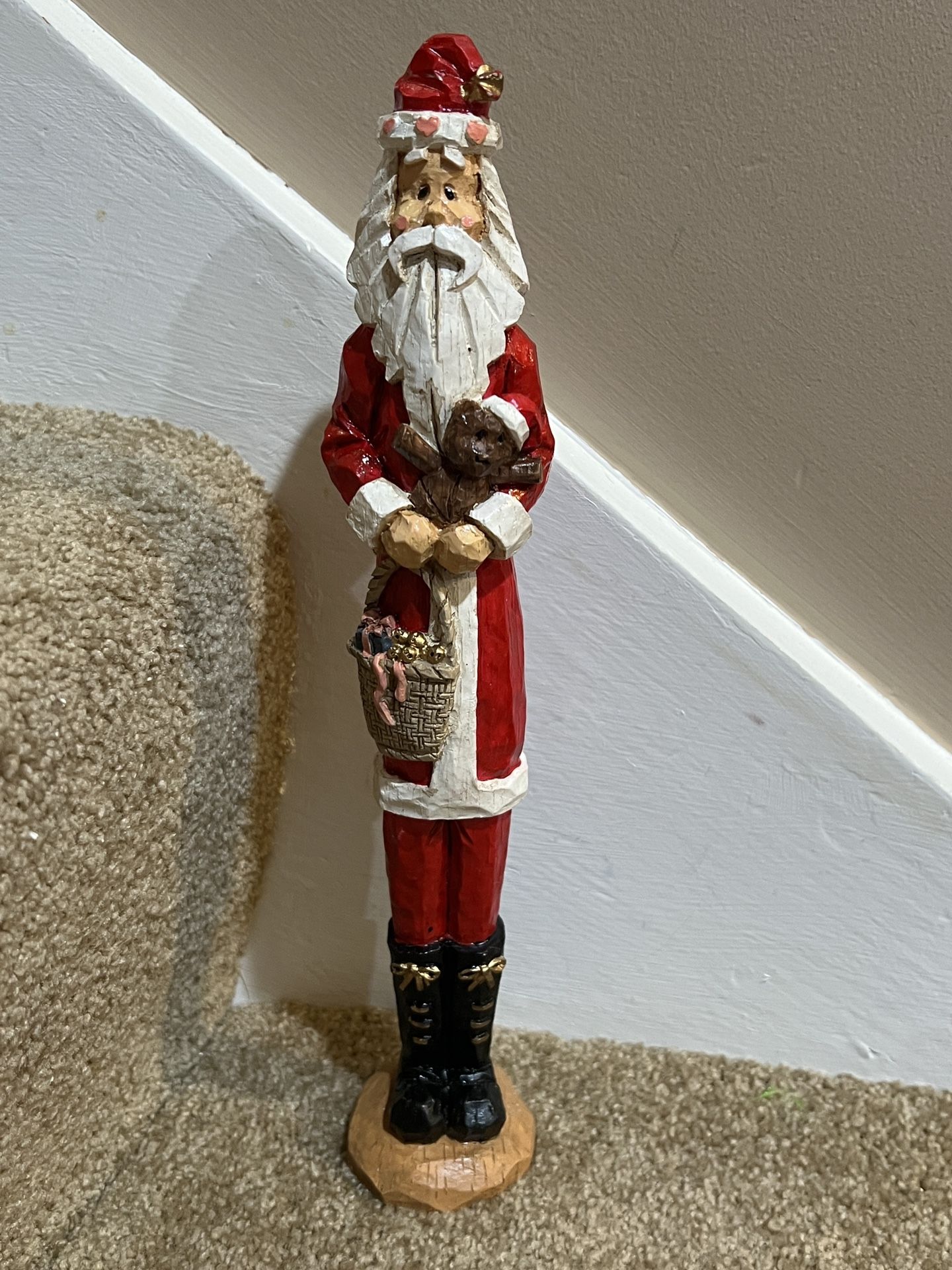 Christmas skinny Santa figure Resin holding teddy bear 11” tall decor