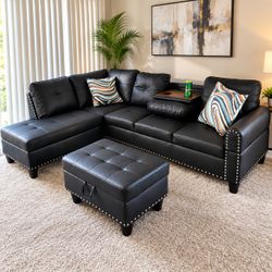 Black Faux Leather Sectional Sofa with Ottoman