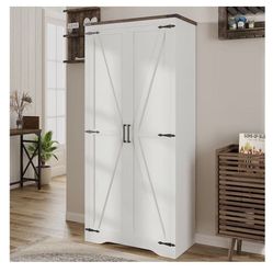 White Tall Farmhouse Storage Cabinet with Adjustable Shelves