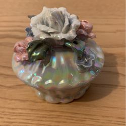 Vintage Porcelain Ring Box, Porcelain Trinket Box, 3D Luster pink blue green white 3” x 3”  A5