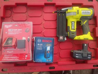 Milwaukee Top Off Charger n Power Supply, Bosch Distance tape measuring tool, n Ryobi Nail Gun with battery