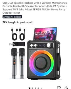 VOSOCO Karaoke Machine with 2 Wireless Microphones, Portable Bluetooth Speaker for Adults Kids, PA Systems Support TWS Echo Adjust TF USB AUX for Home