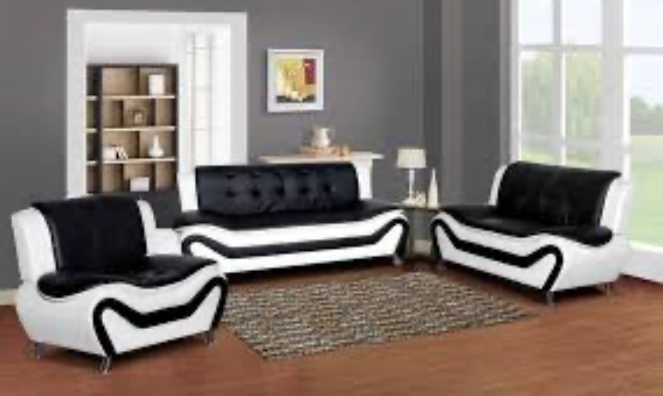 Modern Style Black And White Leather Three Piece Couch Set