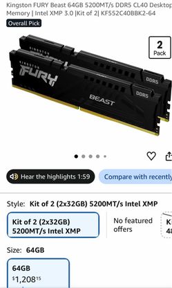 Kingston FURY Beast 64GB DDR5 5200MT/s RAM Kit