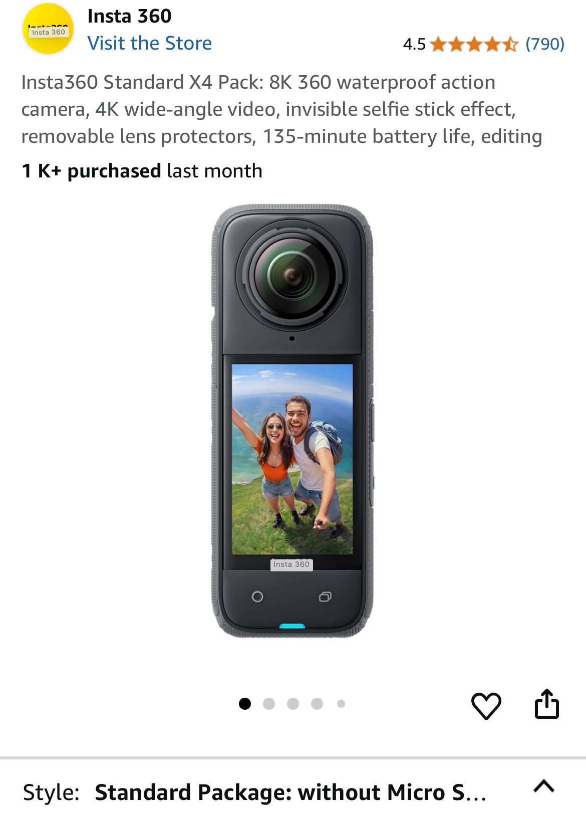 Insta360 Standard X4 Pack: 8K 360 waterproof action camera, 4K wide-angle video, invisible selfie stick effect, removable lens protectors, 135-minute