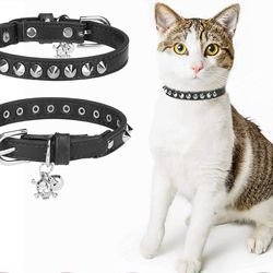 Leather Cat Collar with Bell, Safety Elastic Belt, Rivets Stud - Black 8-12"
