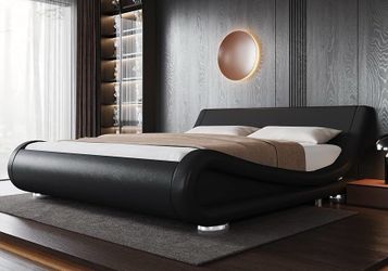 C309 $180 King Upholstered Sleigh Bed Frame with Adjustable Headboard, Black Low Profile Modern Platform Sleigh Design, Ergonomic and Adjustable Head