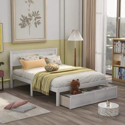 Modern Full Size Platform Bed for Kids,with Decor Headboard,Spacious Under-Bed Storage Drawer,Solid Wood Frame and Slat,White