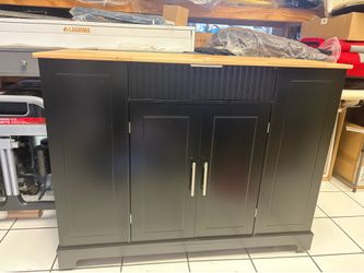 Modern Kitchen Storage Island with Trash Can Cabinet & Power Outlet, Rolling Kitchen Island Cart on Wheels with Open Side Shelves and Towel Rack, 53-I
