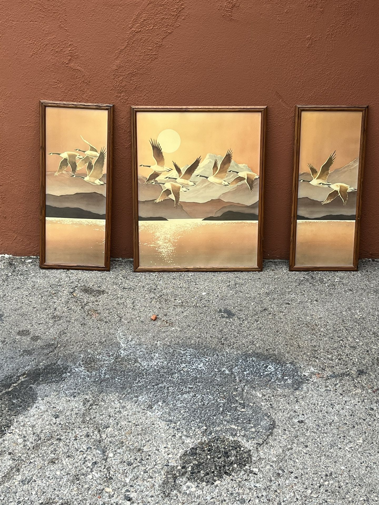 Flying geese 1970s home decor three panel art