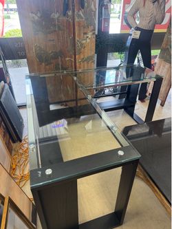 Beautiful out shape, modern glass desk with Chrome and Wood - 60” x 60” - Retail: $799
